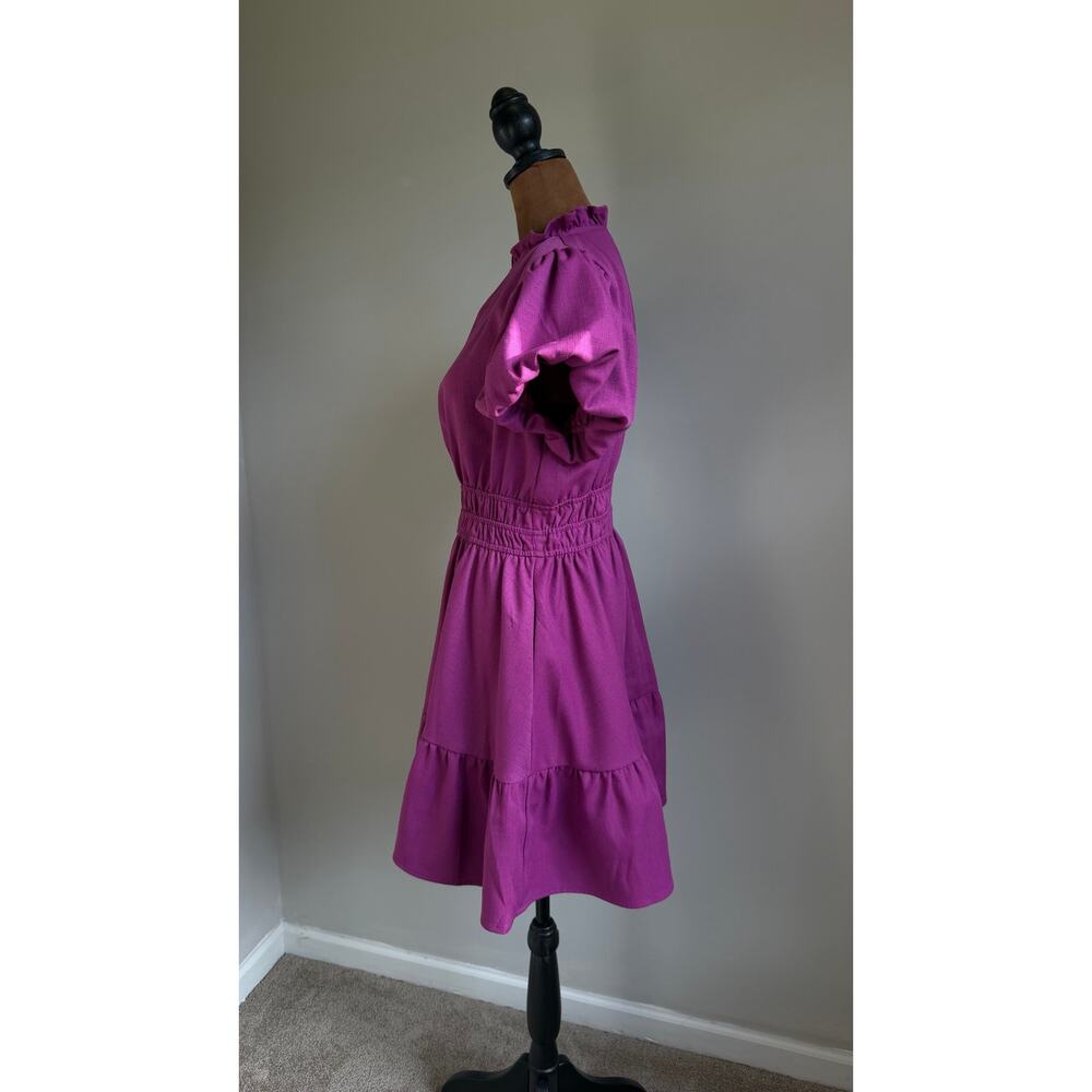 Entro Women’s Purple Puff Sleeve Smocked Mini Dress Size S Tiered V-Neck - Picture 7 of 11